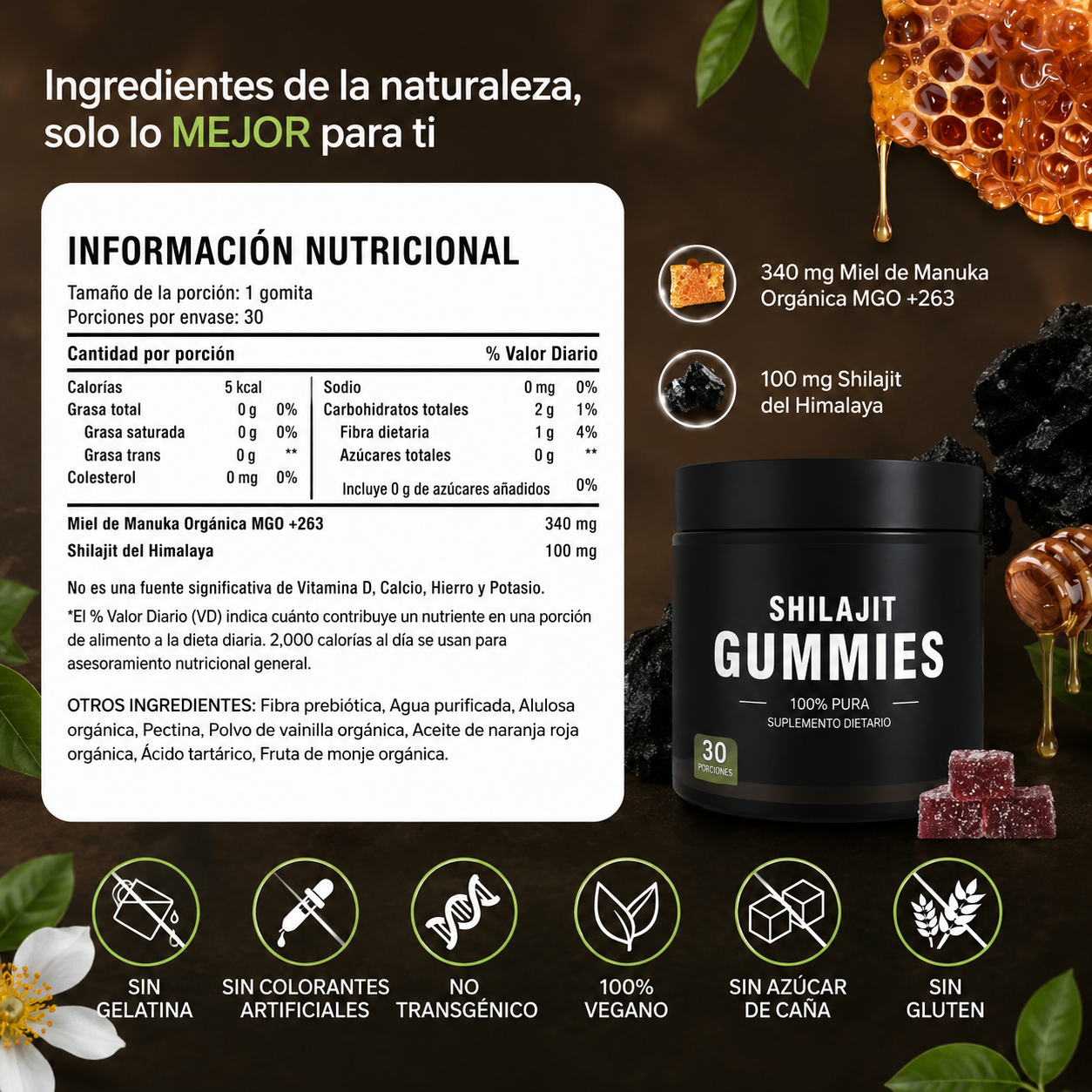 Gomitas de Shilajit del Himalaya con Ashwagandha – Sabor Miel y Limón | Energía, Vitalidad y Bienestar Natural | 30 Gomitas