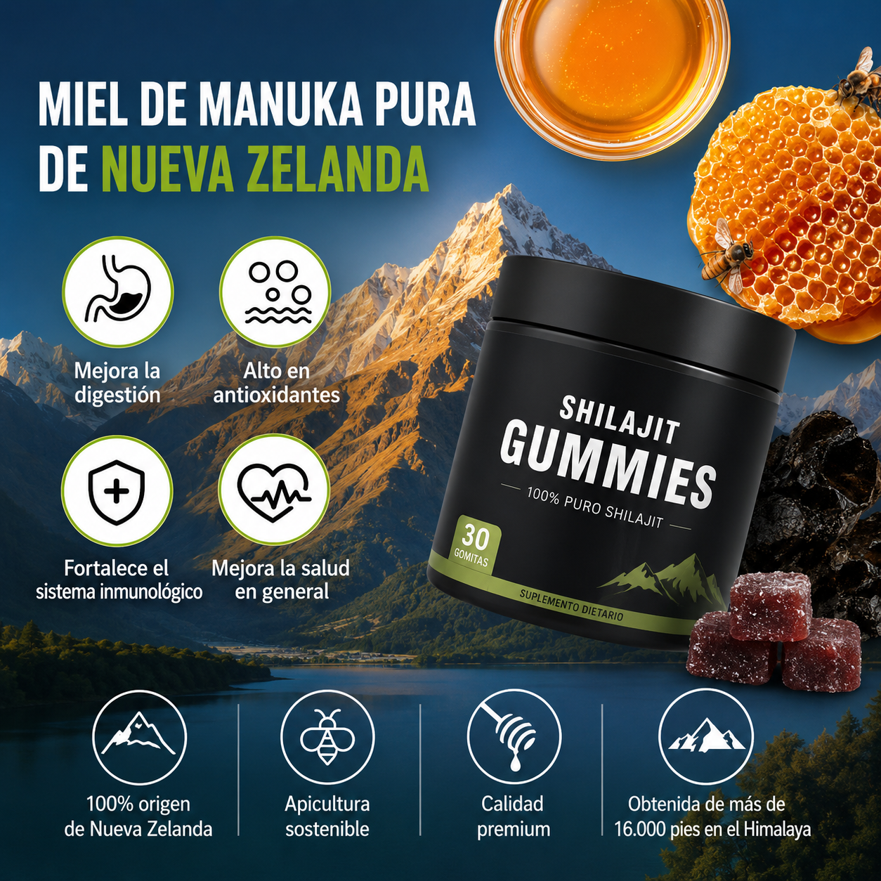 Gomitas de Shilajit del Himalaya con Ashwagandha – Sabor Miel y Limón | Energía, Vitalidad y Bienestar Natural | 30 Gomitas