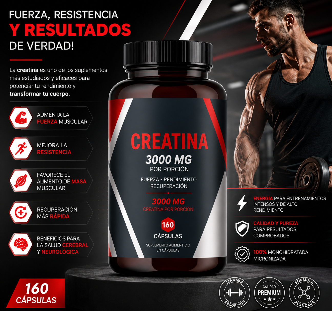 Creatina 3000MG 160 Cápsulas – Fuerza, Energía y Recuperación Muscular